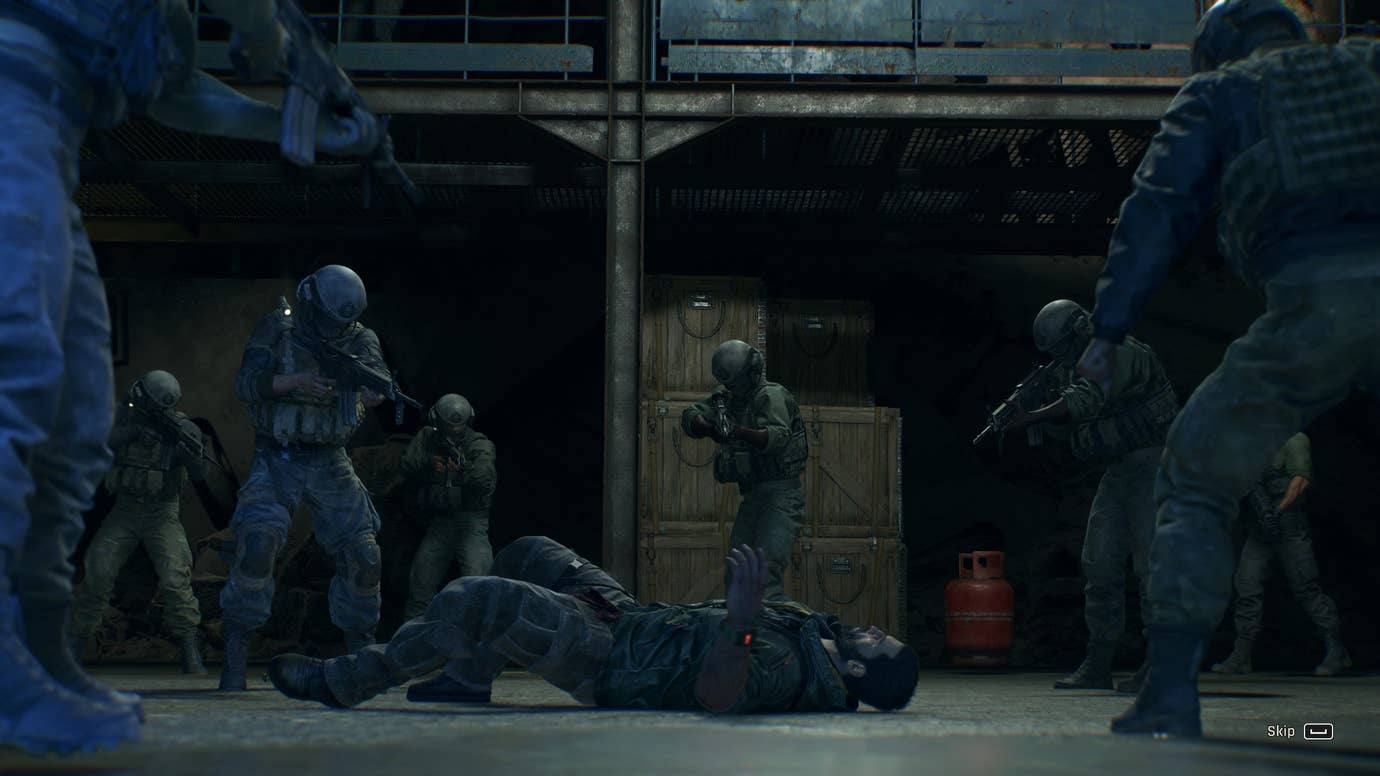 Crane lies on the ground, surrounded by armed mercenaries, in Dying Light: The Beast.